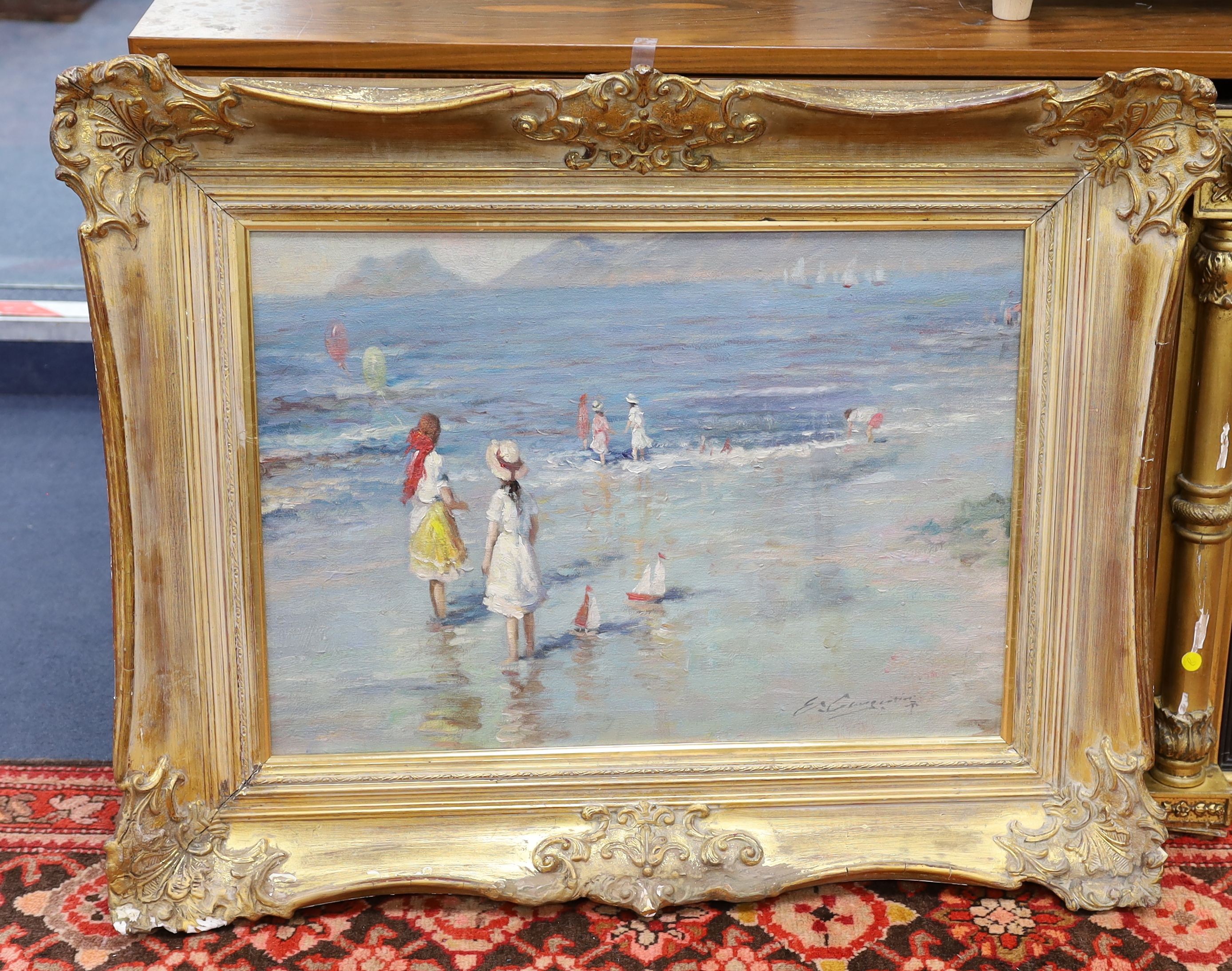 Italian School, oil on canvas, Children on the seashore, indistinctly signed, 48 x 67cm